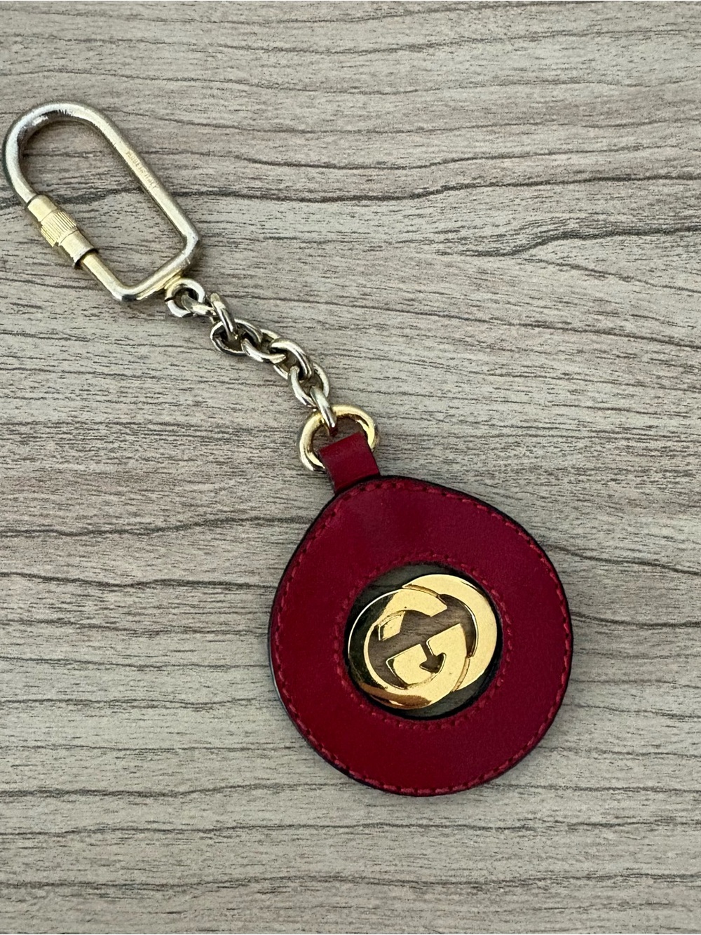 Gucci Red Leather Round GG Keyring with Gold-Tone Emblem